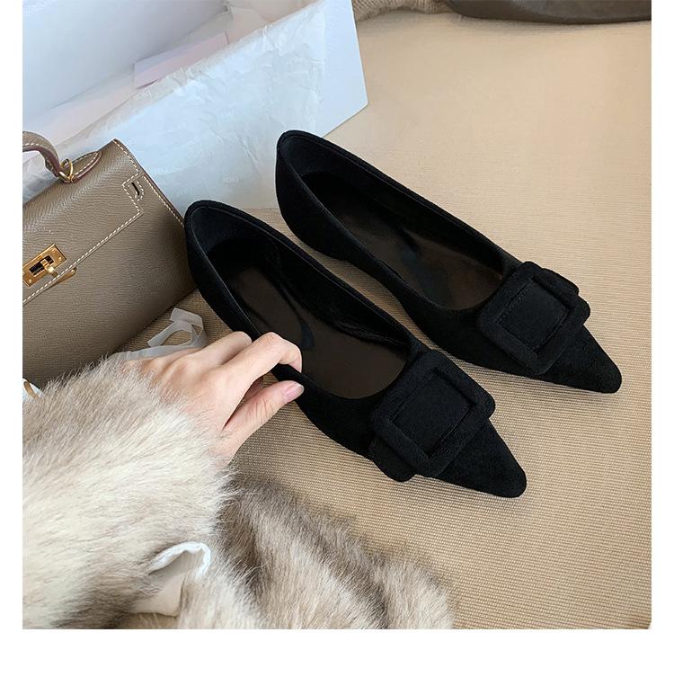 Sheepskin Version~ Temperament Small Pointed Square Buckle Leather Flats Versatile Light Mouth Leopard Print Shoes Single Shoes Women's New Ladyshoes