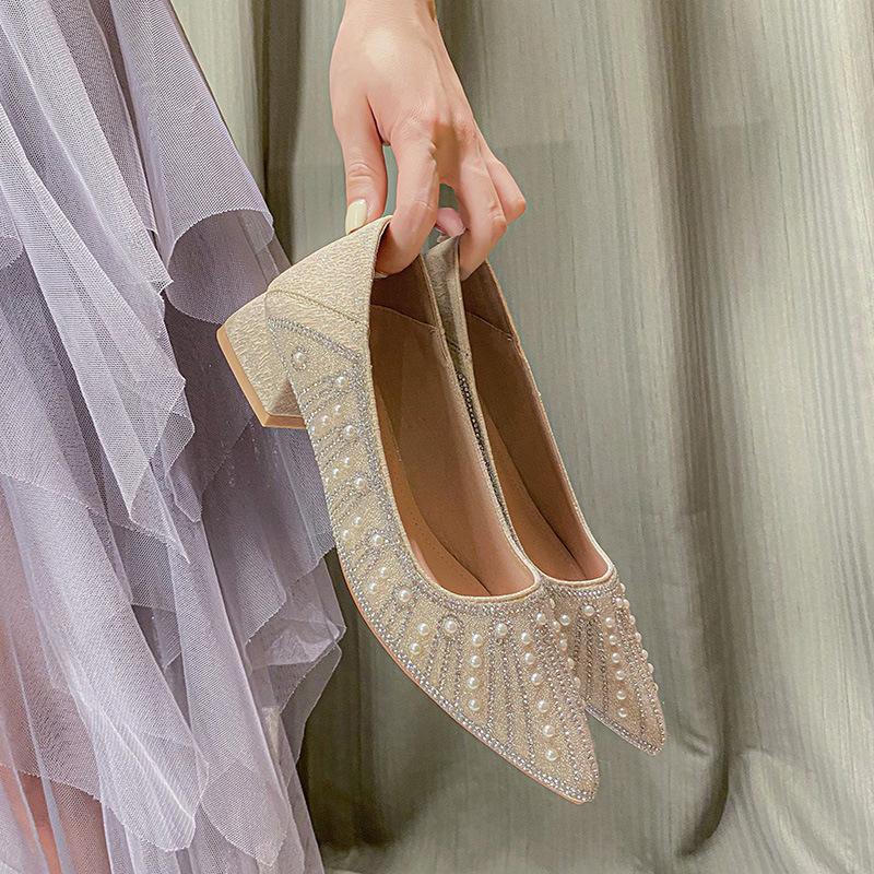 Fashion Luxury Pearl Beading high heels shoes for woman silver crystal pumps pointed toe sequines cloth bling tacones mujer big size 43