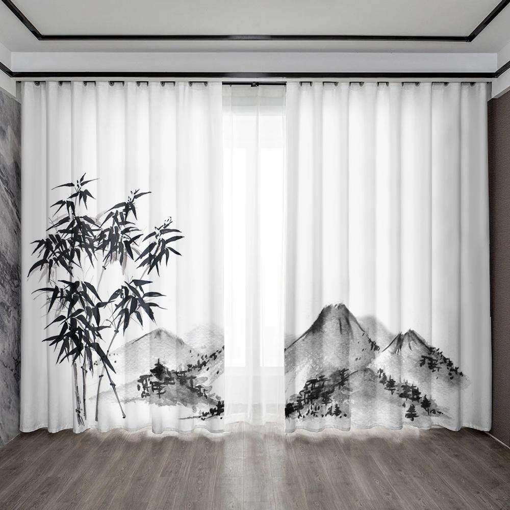 

2 шт. Домашние декоративные шторы, Элегантная живопись тушью бамбука, Шторы с кулиской, Кухня, Кофейня, Гостиная, Балкон 75x166cm&Without mount