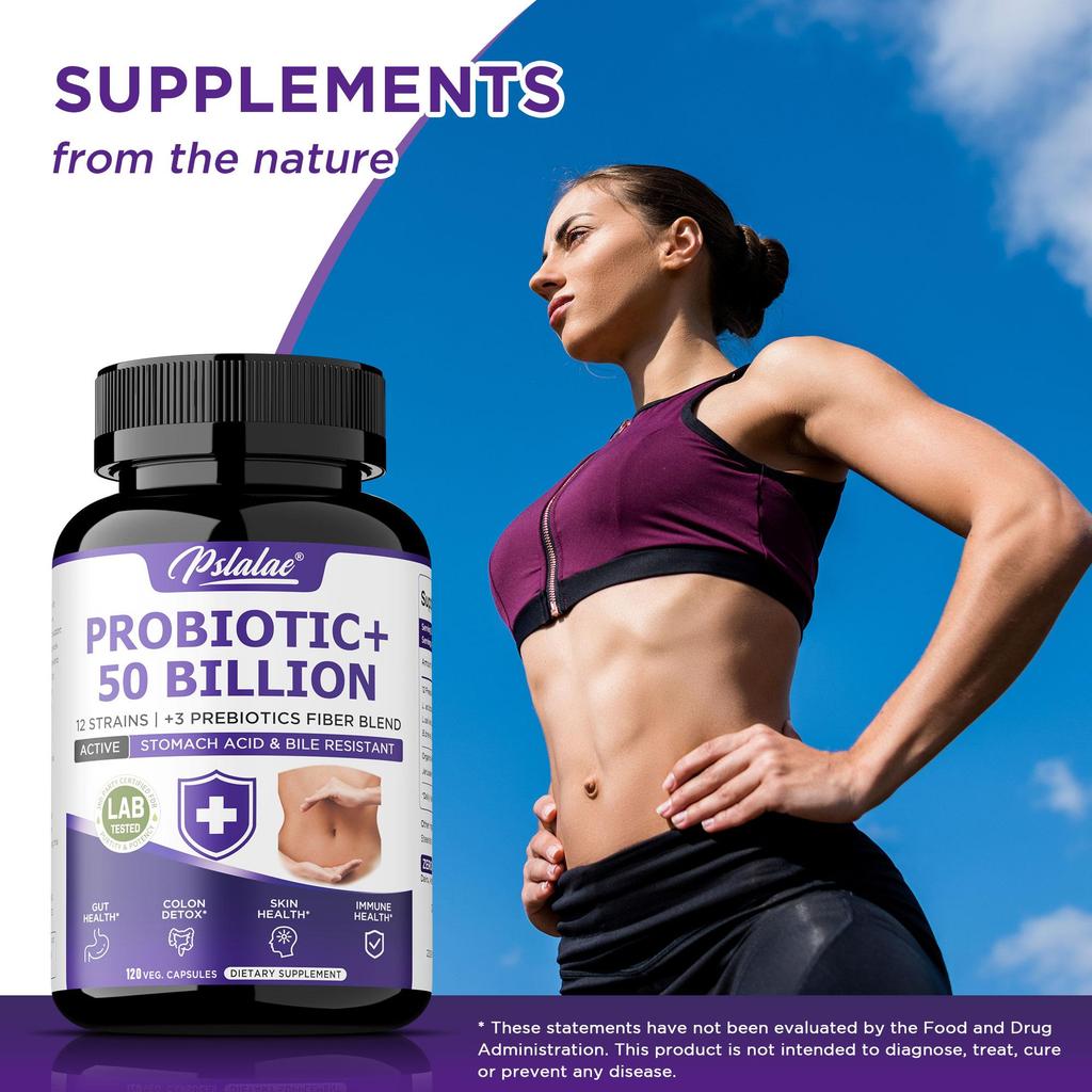 Probiotic 50 Billion CFU Enzyme Supplement, Capsule, 12 Strains with 3 Prebiotics, Digestive Health Support