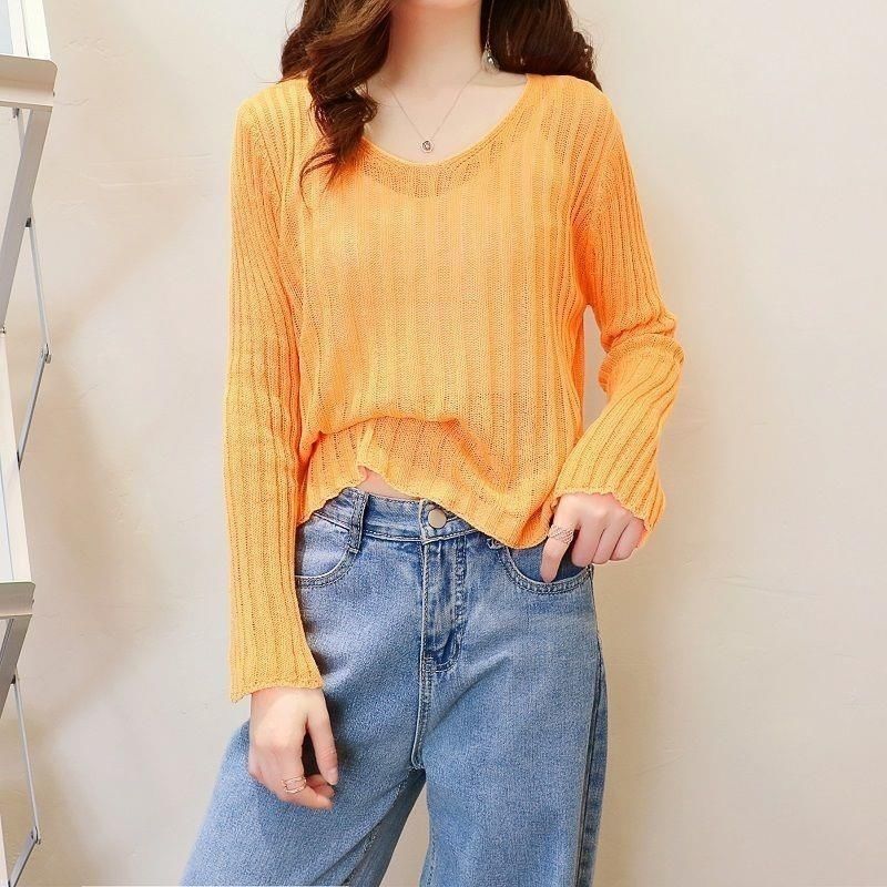 Autumn Women's Korean Version V-neck Hollowed Out Long Sleeved Knitted Sweater Loose and Fashionable Pure Short Top