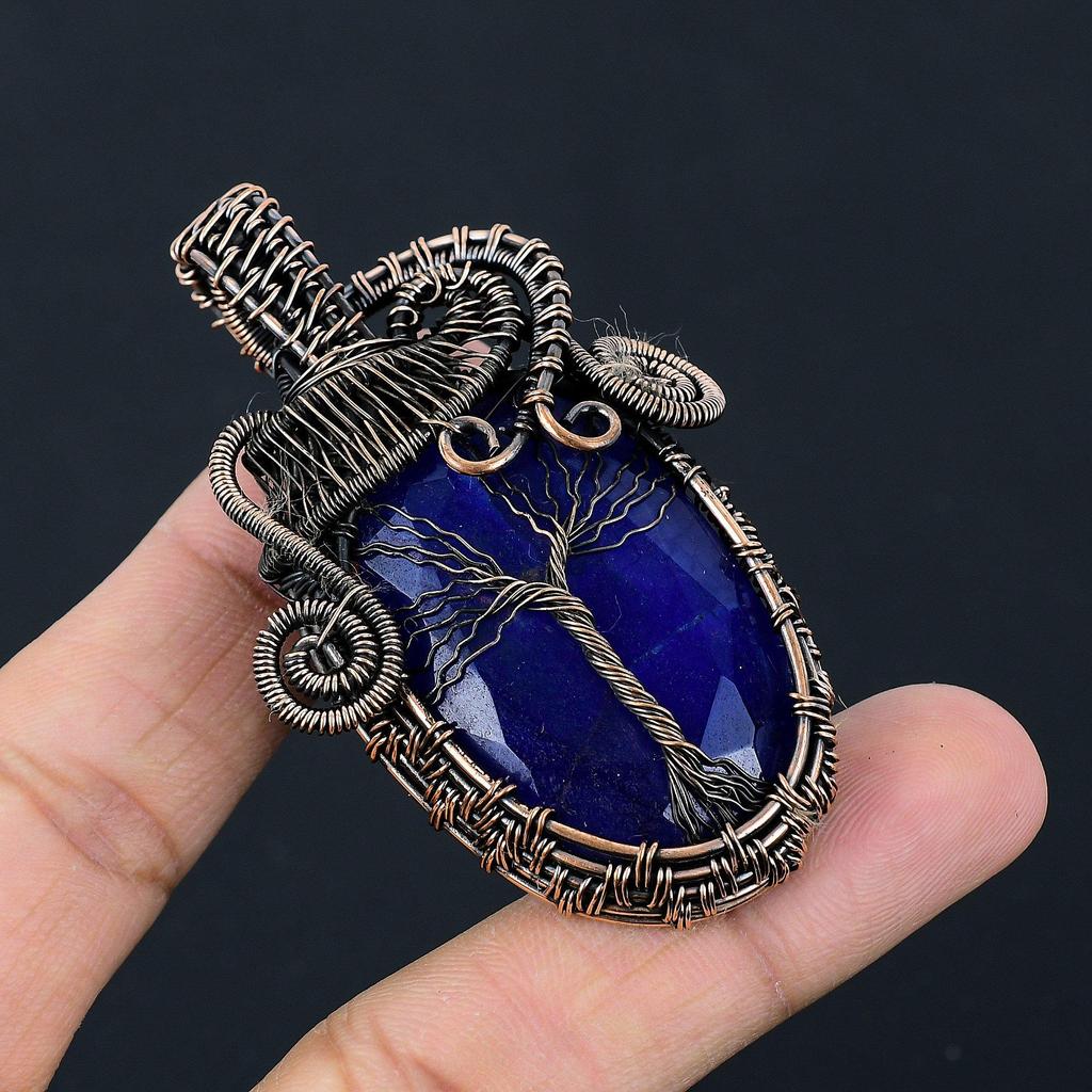 Baum des Lebens Blauer Saphir Anhänger, Handgefertigter Edelsteinanhänger, 999 Kupferdraht gewickelter Anhänger Antikschmuck, Für Verlobungsgeschenk