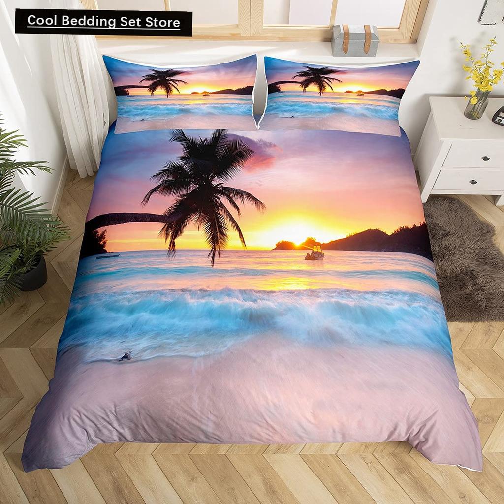 Summer Beach King Queen Duvet Cover Blue Ocean Fish Bedding Set Hawaiian Sea Palm Trees Quilt Cover Marine Life Comforter Cover