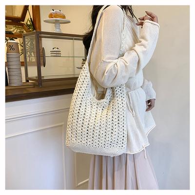 Spring Hollow Woven Bag Women's New Vacation Beach Bag Commuter Shoulder Tote Bag Knitted Bag