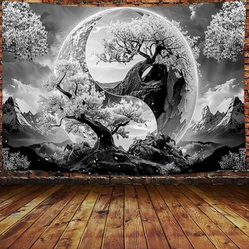 Neon Yin Yang Tapestry Wall Hanging Pink Purple Cherry Blossom Moon Mountain Psychedelic Aesthetic Wall Art Dorm Decor
