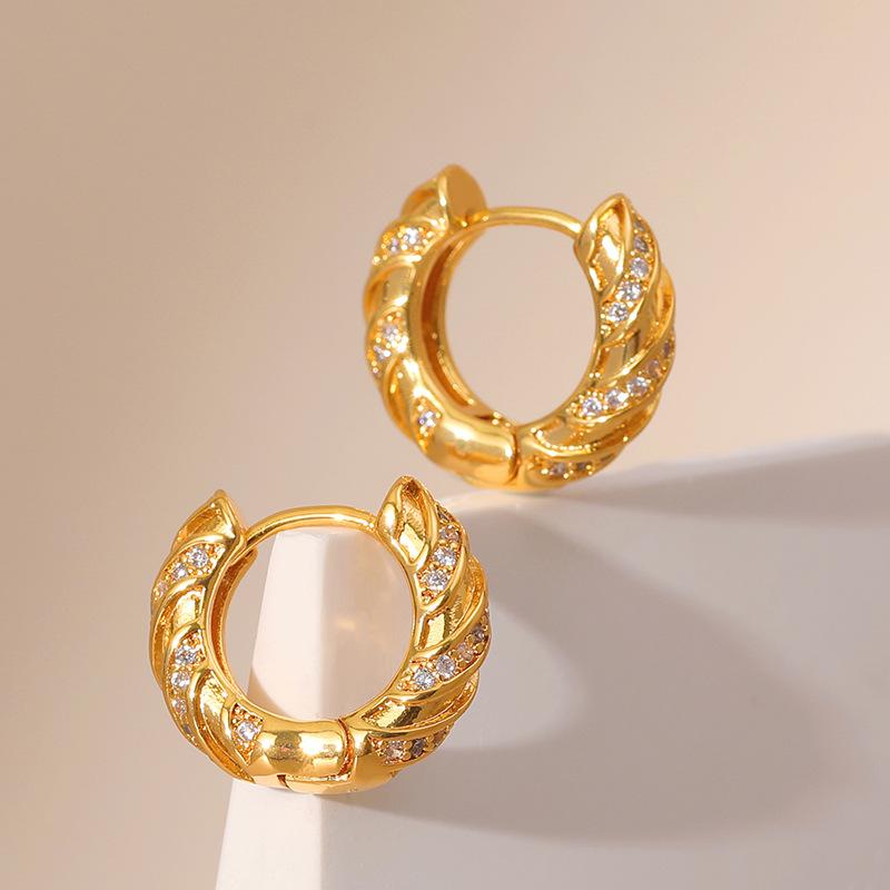 K Real Gold Plated Zircon Inlaid Chic Business Women Ear Hoop Earrings