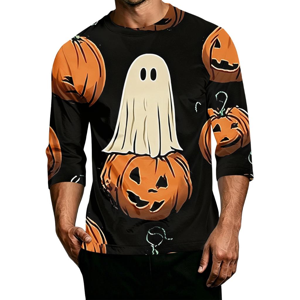Men's Casual Halloween Print Crew Neck T Shirt Three Quarter Sleeve Top Lightweight Comfortable Fit for Daily Wear