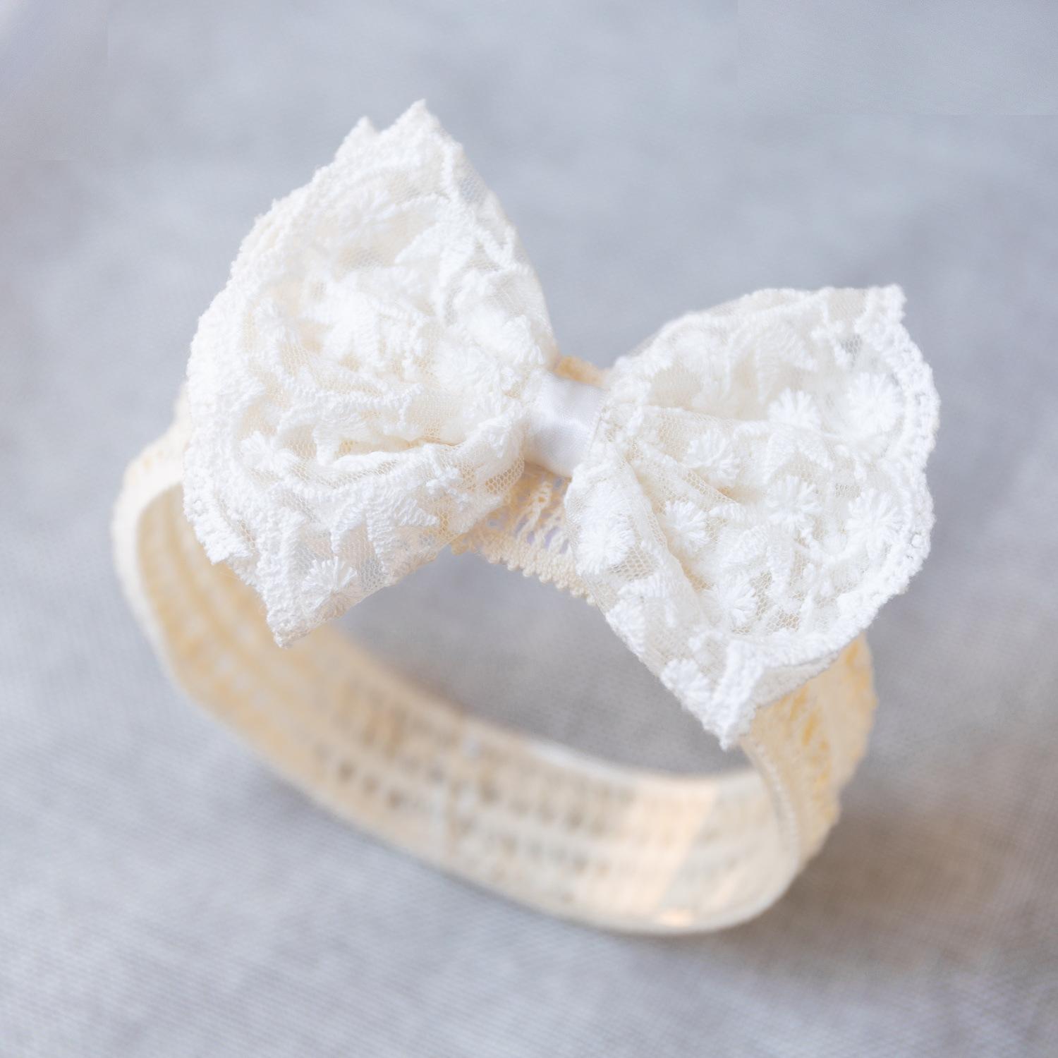 Schattige Kant Borduurwerk Strik Hoofdband Voor Prinses Baby Meisjes Effen Strik Elasticiteit Haarband Luxe Hoofddeksels Cadeaus white