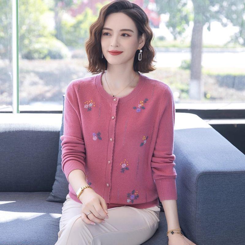 

Women s Embroidered Wool Sweater Autumn Winter Round Neck Loose Wool Cardigan Knitted Jacket Top 3XL