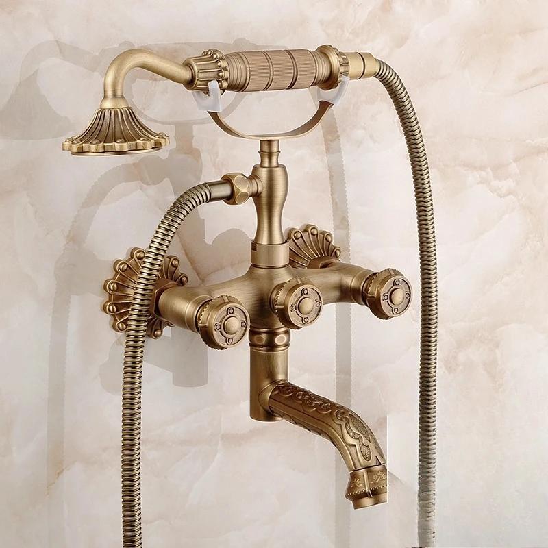 Retro Bathroom Bathtub Faucet Wall Mounted Hand-operated Showerhead Antique Brass Simple Showerhead Set for Bathing