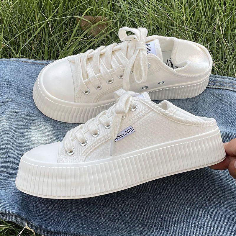 One Shoe and Two White Shoes for Women In 2025 Summer, Thin Thick-soled Heightening Canvas Shoes, Versatile Student Biscuit Shoes