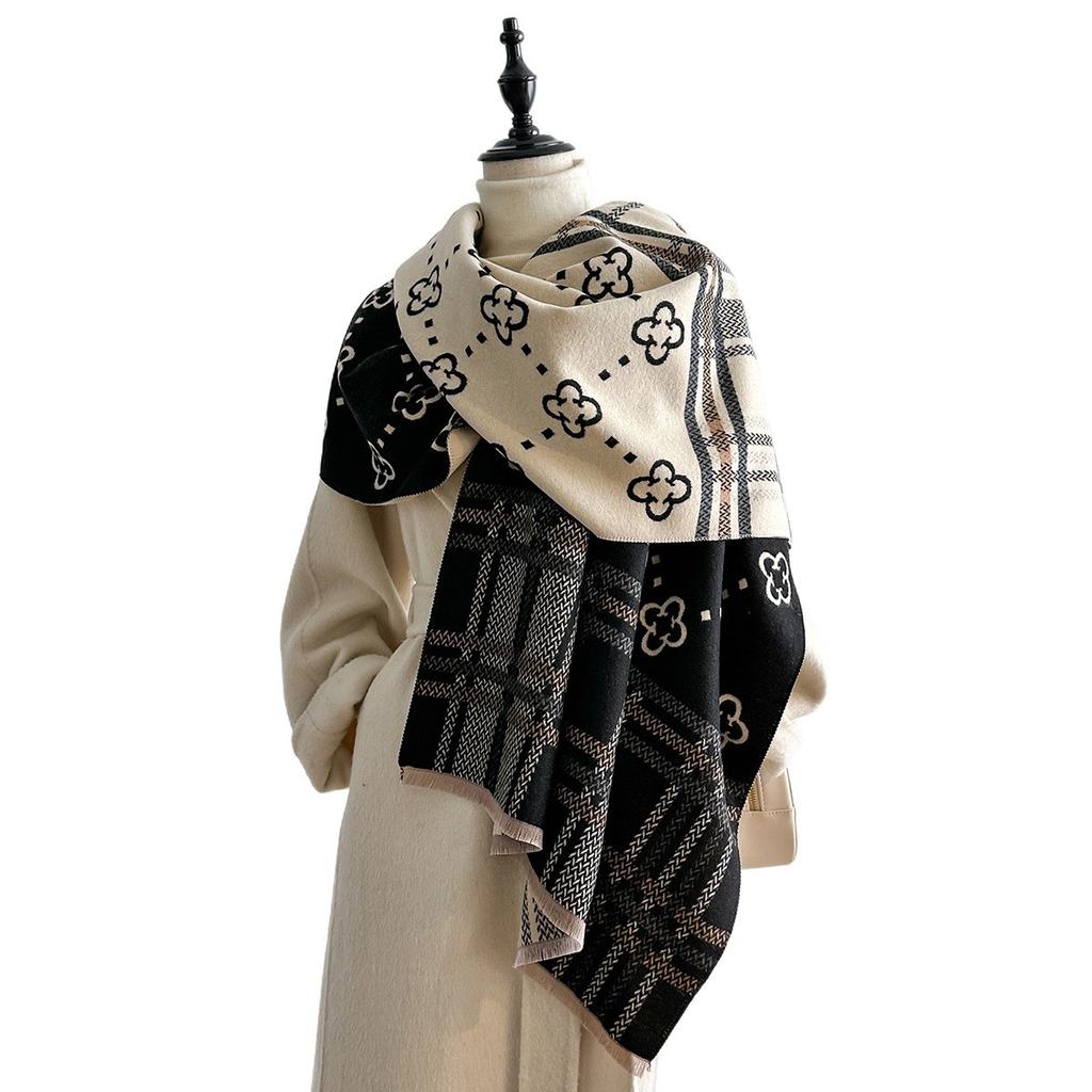 Scarf Women'S Autumn And Winter Versatile Plaid Flower High-End Imitation Cashmere Office Air Conditioner Shawl With A Variety Of Styles