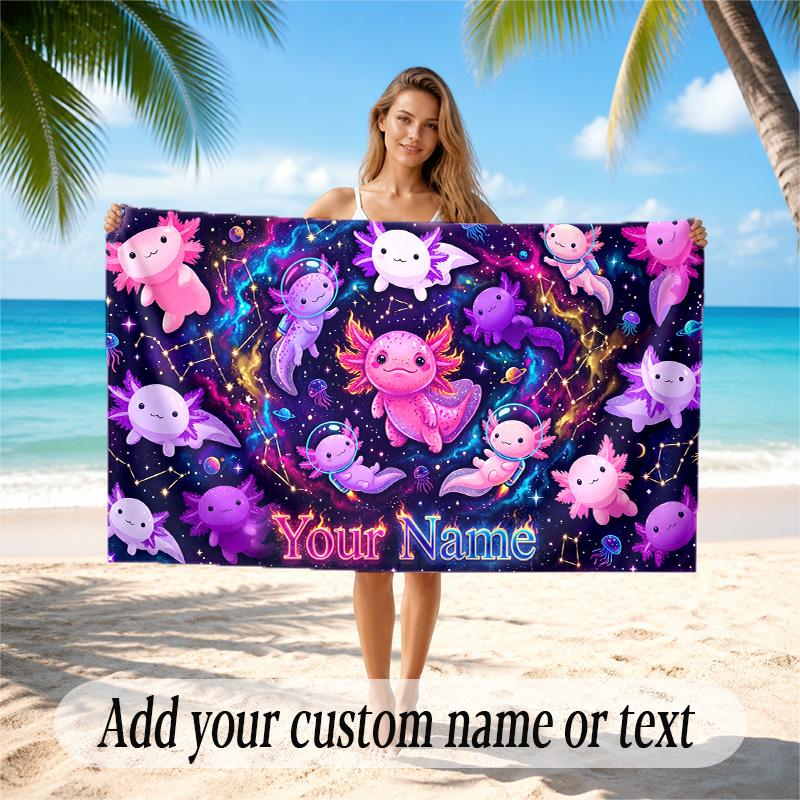 Axolotl Theme Quick Dry Beach Towel Custom Name Text Print Large Sand Resistant Towel Beach Vacation