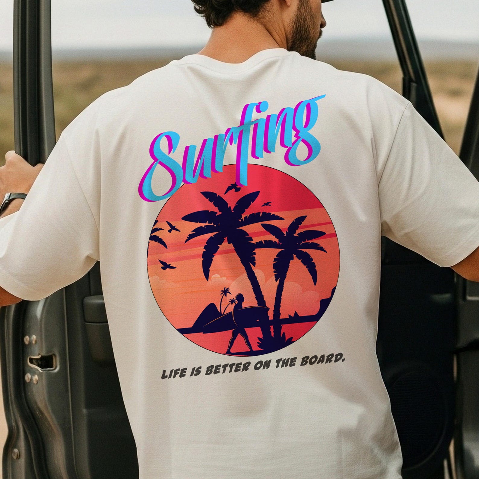 Surfing Shirt, Life Is Better On The Board T-Shirt, Retro Sunset Surf Tee, Beach Vacation Shirt, Surfer Gift, Palm Tree Graphic Tee S