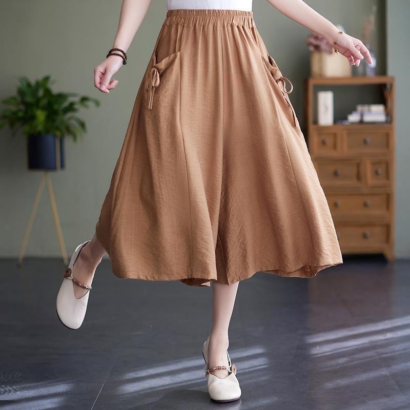 Wide Leg Pants for Women In Summer Loose Fit Plus Size Solid Color Elastic Waistband Large Swing Skirt Pants Casual Cropped Pants