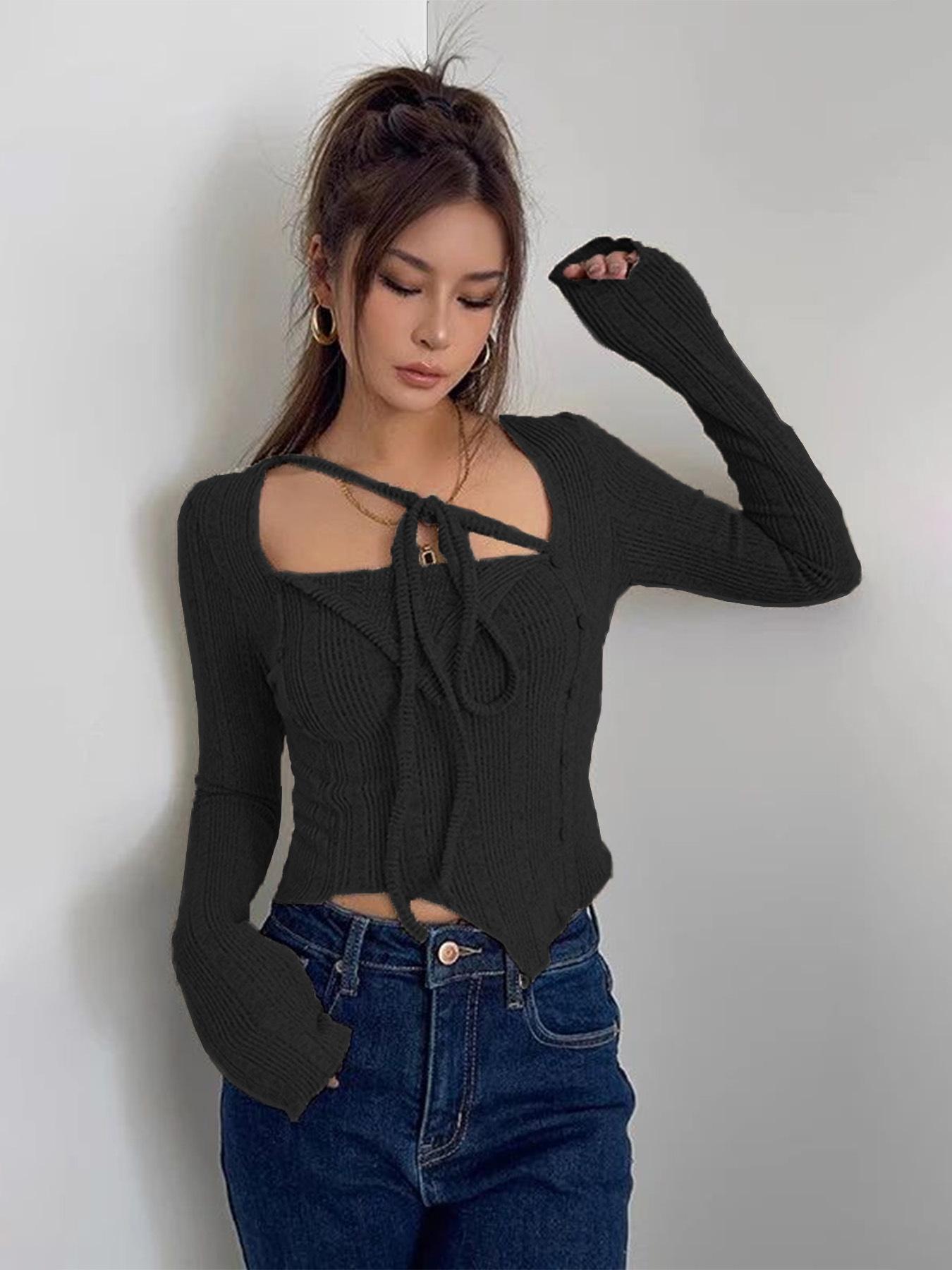 2024 cross-border Amazon autumn new knitted long-sleeved hollow lace-up sexy lace top women BB0362 S чёрный
