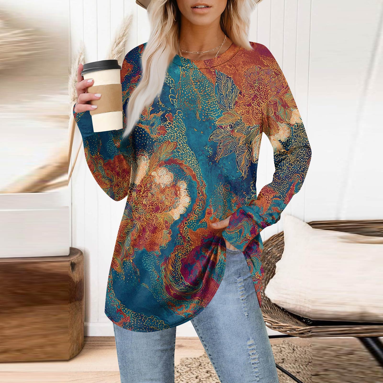 

Женская толстовка большого размера с графическим принтом, длинный рукав, спущенное плечо, круглая рубашка, топы, винтажная одежда S