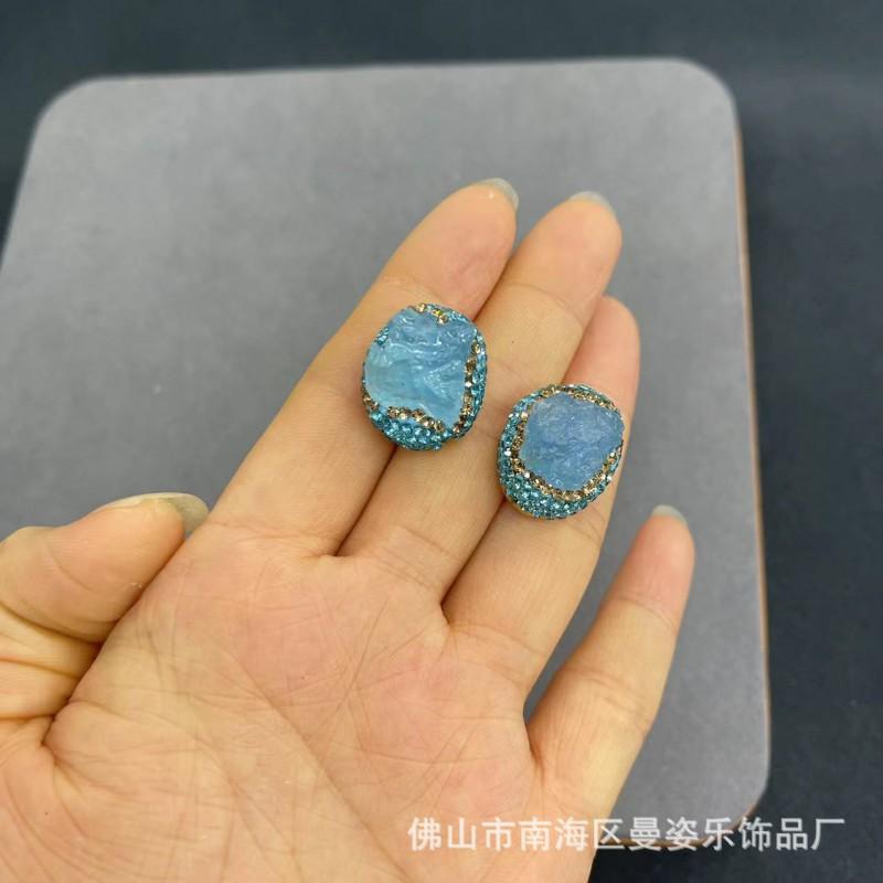 Handcrafted Sea Blue Chalcedony Stone Inlay Ceramic Clay Jewelry Set Women Earrings Necklace Bracelet