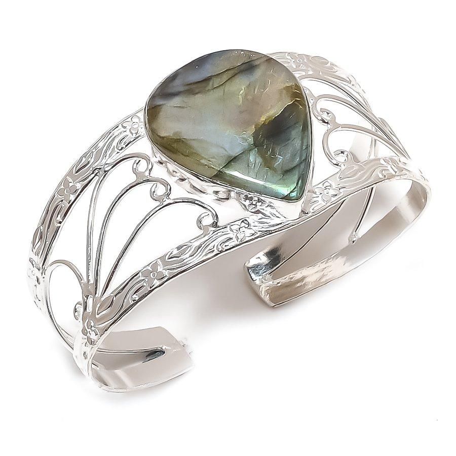 

Natural Labradorite Gemstone 925 Sterling Silver Cuff Bangle Adjustable P3e30