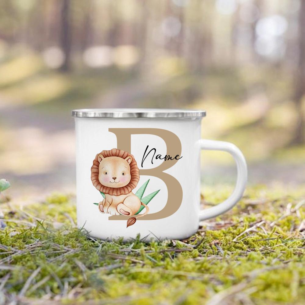 Personalized Mug for Kids Custom Deer Lion Initial with Name Cup for Boys Girls Child Handle Mugs Birthday Festive Gifts for Kid