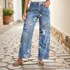 Vintage Floral Jeans for Women, Mid Rise Barrel Wide Leg Jeans, Retro Casual Stretchy Denim Pants with Pockets