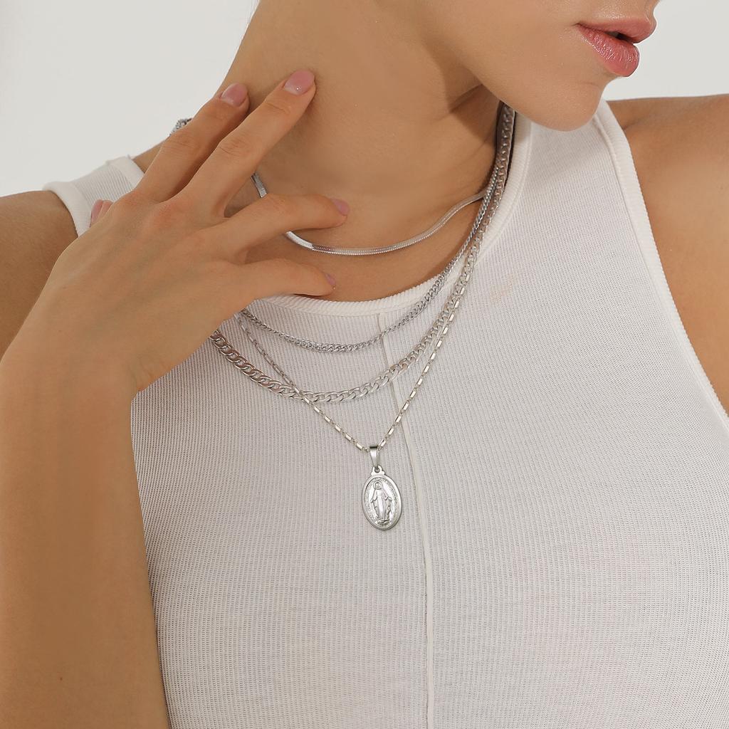 U7 Vigin Mary Necklaces 22" Chain 3D Embossed Vigin Mary Oval Coin Pendant Medallion Religious Christian Dainty Jewelry Gift