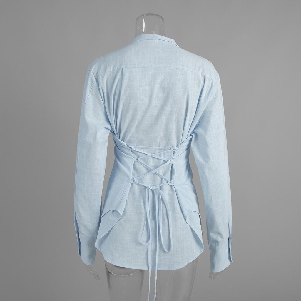 Women's  Fall New Pure Cotton Slim Tie Shirt, European & American Style Commuter Lace-Up Cardigan Top