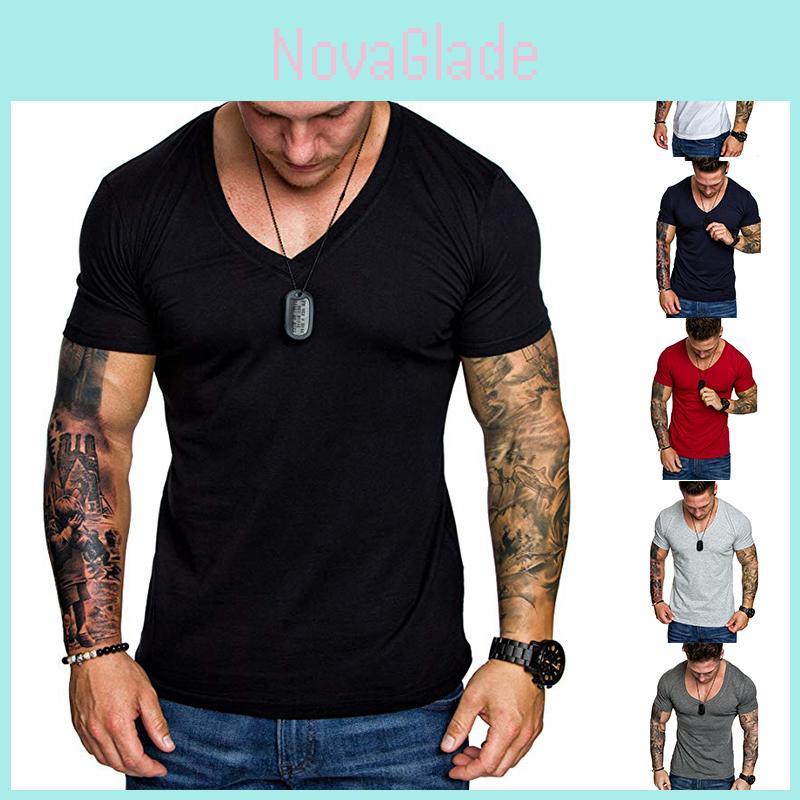 High-quality Men's Slim V Neck Short Sleeve Muscle Tee T-shirt For Casual Wear
