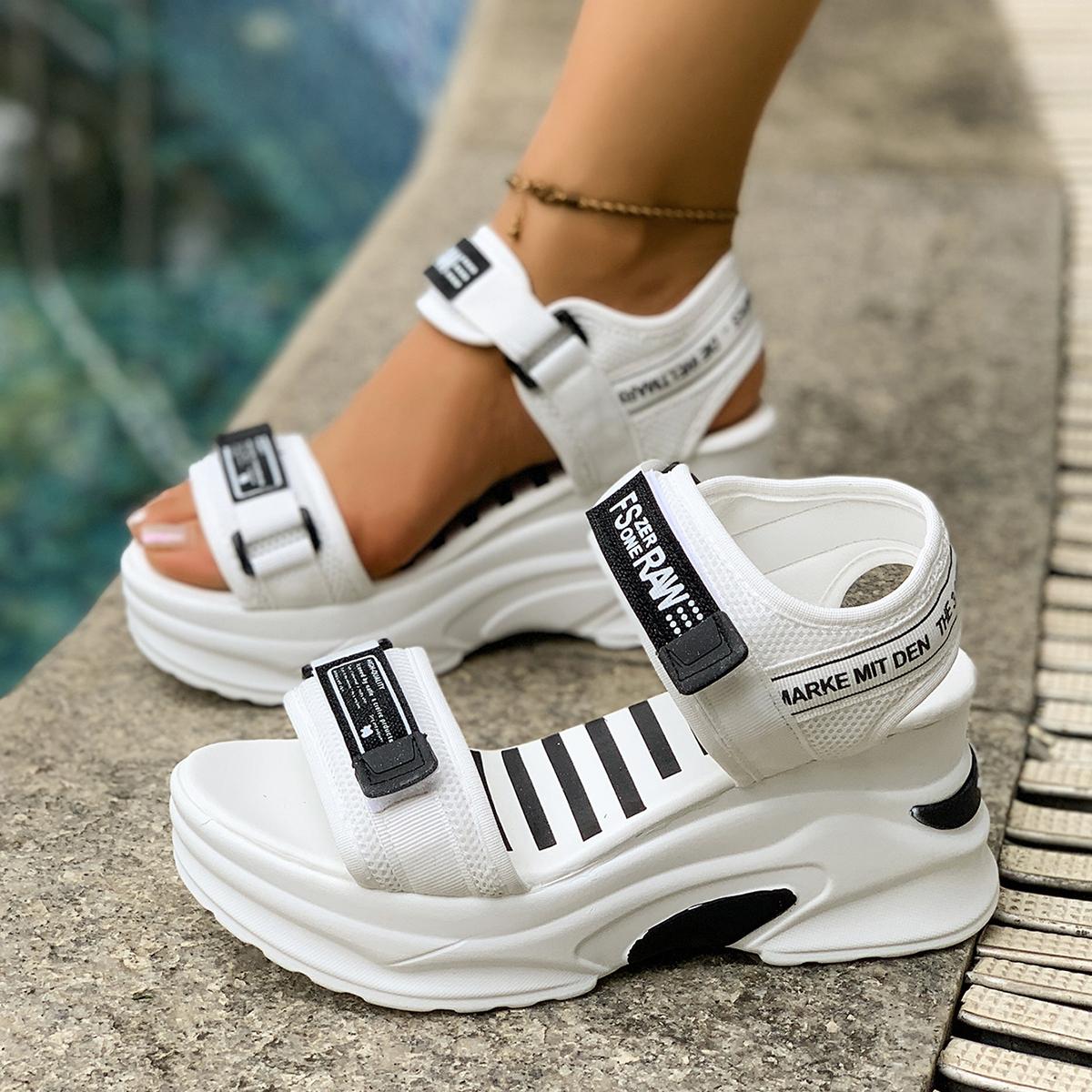 

Женские босоножки на танкетке 2025 Новая мода Удобная обувь для женщин Легкие повседневные босоножки на платформе с липучками для пляжа Zapatos De Mujer 39 белый