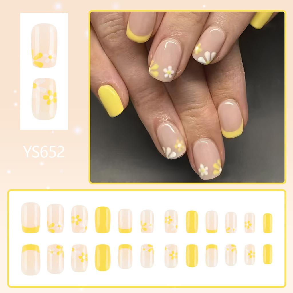 24 Pcs Short Square False Nail Flowers Artificial Nail Yellow French Tip Stick On Nail Glossy Press On Nail for Woman