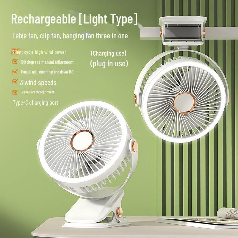 Rechargeable USB Clip Fan with Desk Lamp - Large Battery, Portable for Student Dormitories