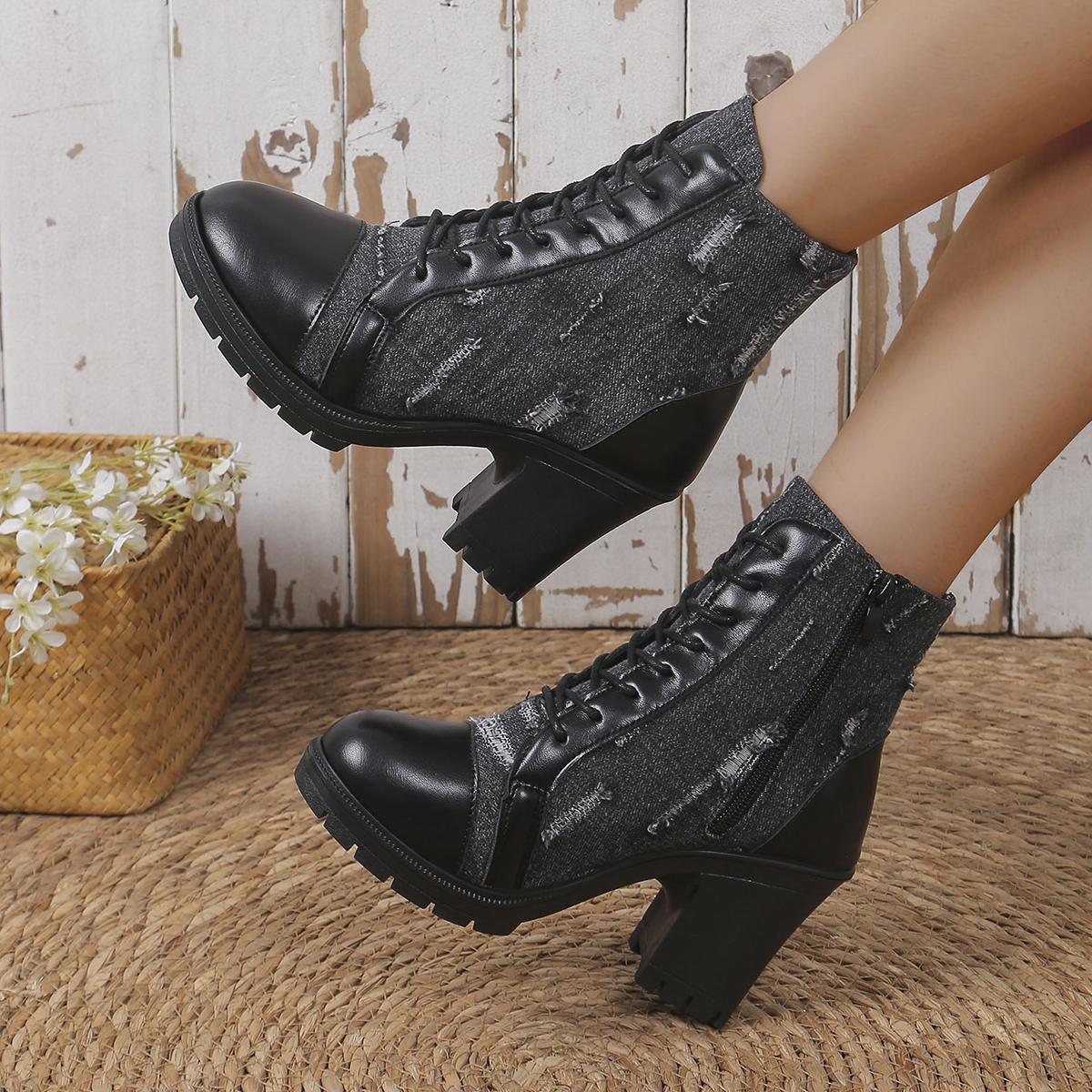 

модные женские джинсовые модные черные сапоги на высоком каблуке с толстой подошвой весна и лето удобные мягкие кожаные сапоги с толстой подошвой 41 чёрный