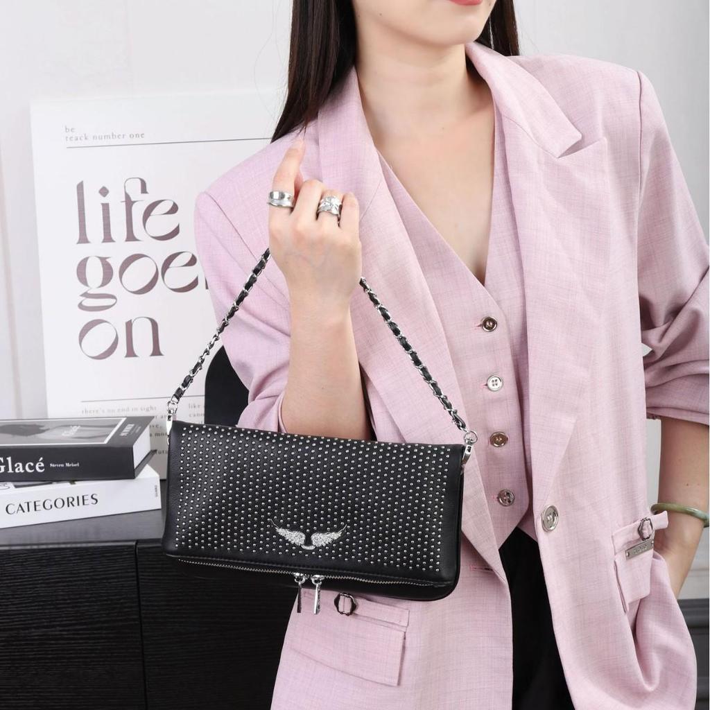 2025 Nová dámská crossbody kabelka-clutch s kamínky a křídlem