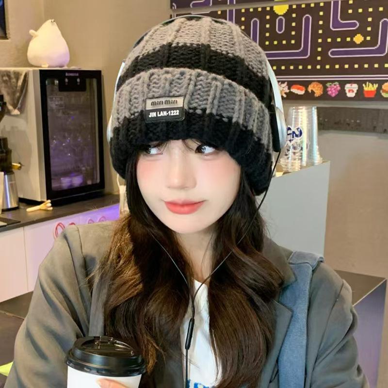 Autumn and Winter Striped Color-blocking Hat for Women Versatile Wool Hat Ear Protection Warm Pullover Hat Outdoor Riding Cold Proof Knitted Hat