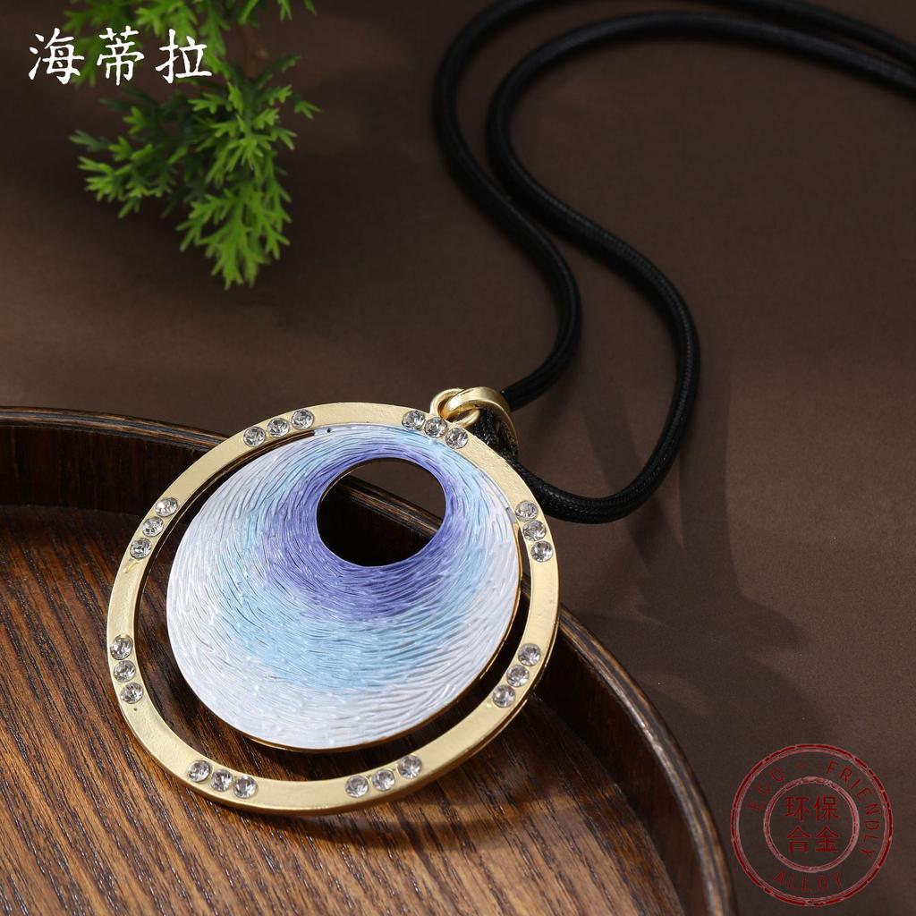 New Gradual Change Enamel Round Cake Leather Rope Long Pendant Women's Simple Fashion High Sense Ring Long Necklace