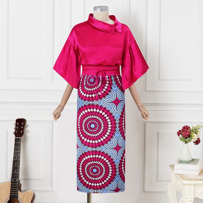 

VONDA Женские костюмы с юбкой и топом большого размера с расклешенным воротником и длинными рукавами 3XL ярко-розовый