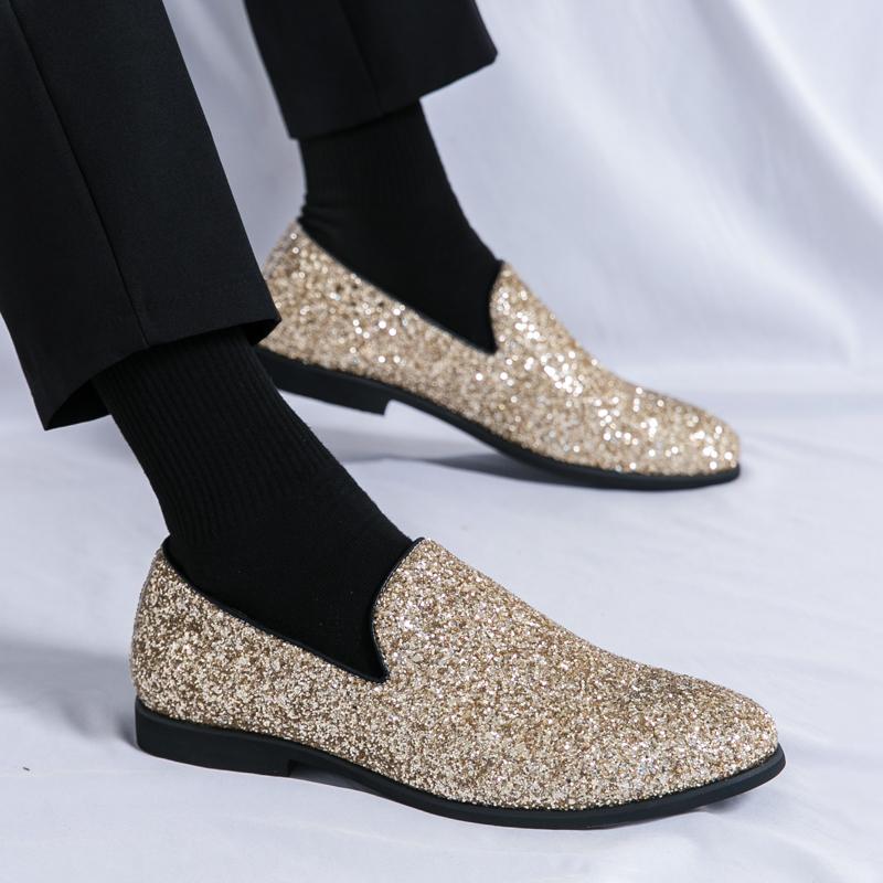 Men’s Loafers Dress Shoes Silver Party Nightclub Smoking Shoes Men Gold Retro Tuxedo Wedding Blazers Saddle Shoes Large Size