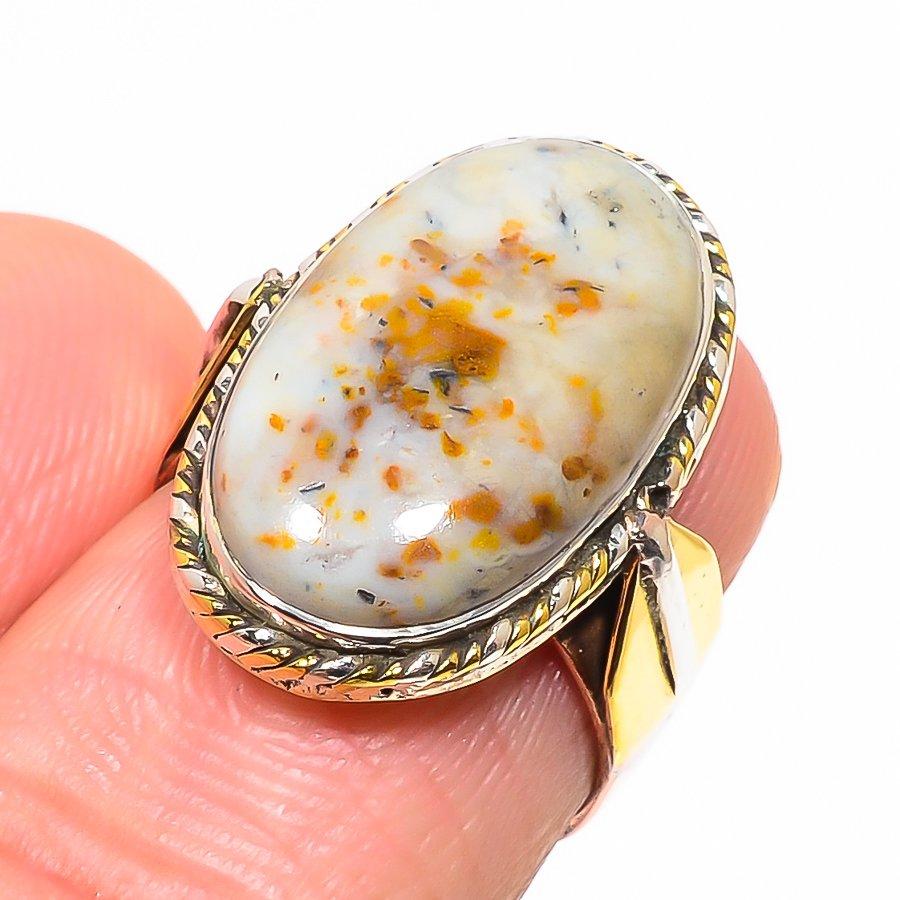 Natural Dendrite Opal Gemstone Two Tone 925 Sterling Silver Gift Ring S.6 U1A81