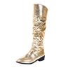 Women's Square Heel Pointed Toe Pleated Knee High Boots Fashion Slip On Shoes Women Large Size 36-43 Gold Tall Tube Long Booties