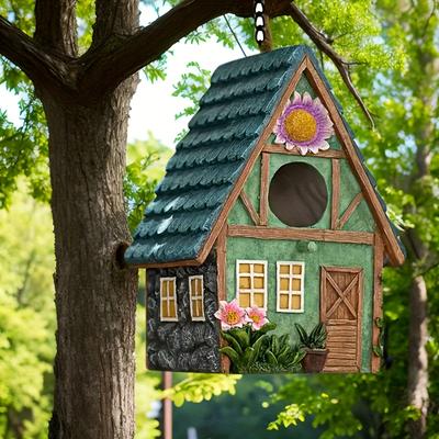 Vintage Birdhouse, Colorful Roof & Flower Decor. For Garden, Patio, Yard. No Electricity.