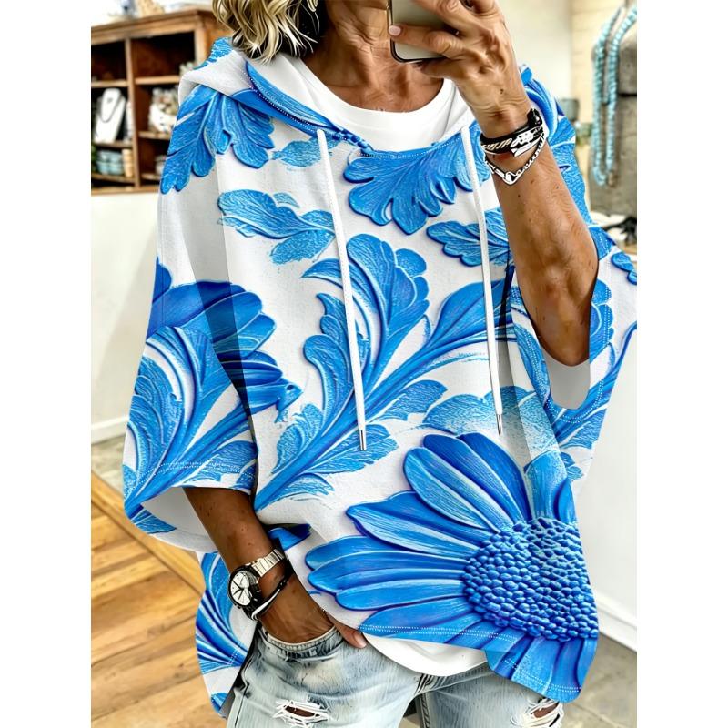 White Daisy Texture Loose Drop Sleeve Hoodie