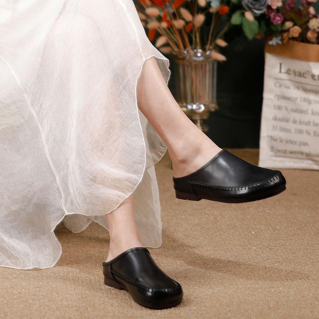 Johnature Retro Soft Soled Women's Slippers Genuine Leather Solid Color Handmade Comfortable Outdoor Slides