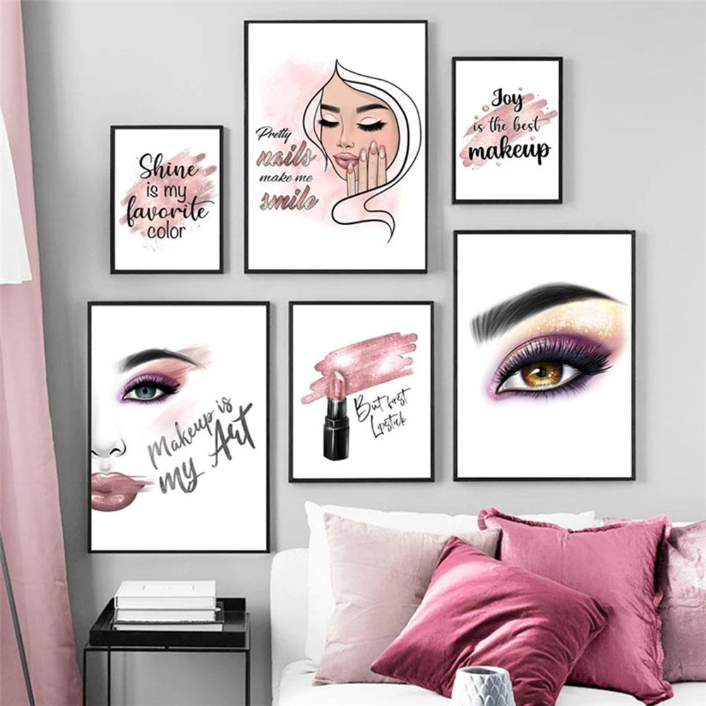Fashion Women Make Up Wall Art Poster and Prints Nail Rouge Lips Modern Canvas Painting Pink Picture Decoration Office Gift Art