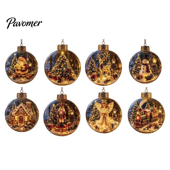 Illuminated Hanging Spheres Lighted Christmas Ornament with Warm LED Lights, Retro Metal Cap Decorative Decor for Tree Transparent Ball Holiday