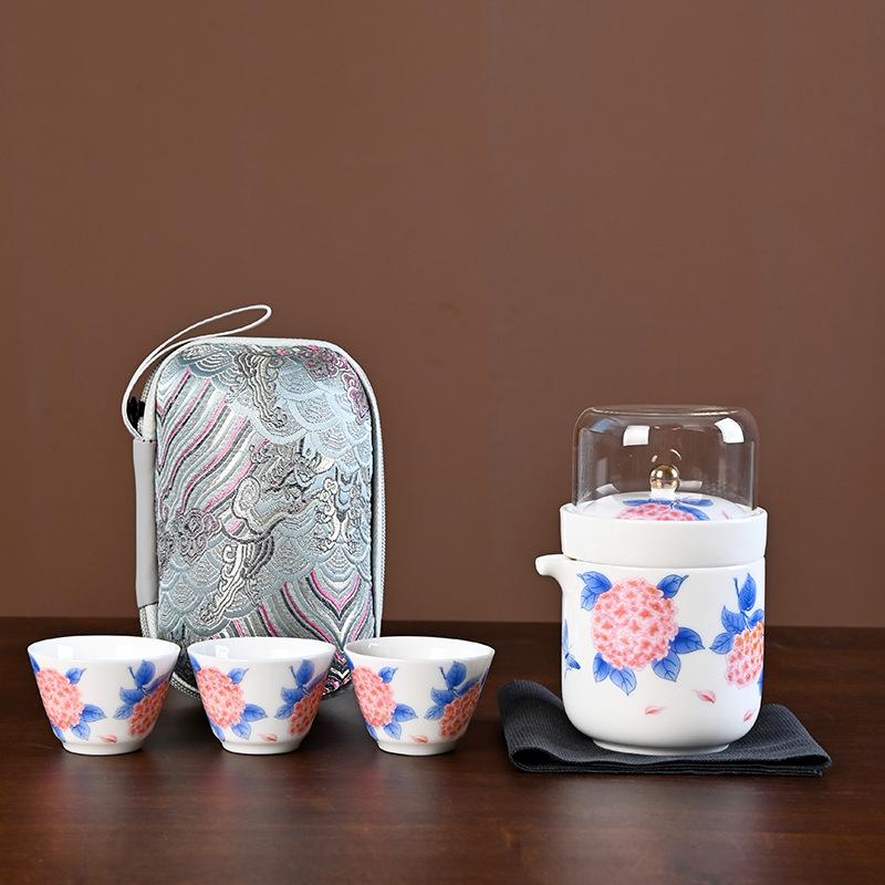 Suet jade travel tea set, one pot and three cups set, portable express cup, outdoor camping teapot, tea cup gift