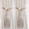 Bohemiska Gardinkrokar Handflätad Rep med tofsar & Träpärlor Dekorativa Fönsterhållare för Vardagsrum Sovrum Heminredning