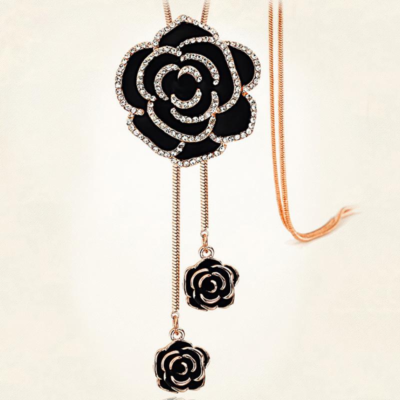 Black Rose Flower Long Necklace Sweater Chain Metal  Pendant Necklaces Adjusted