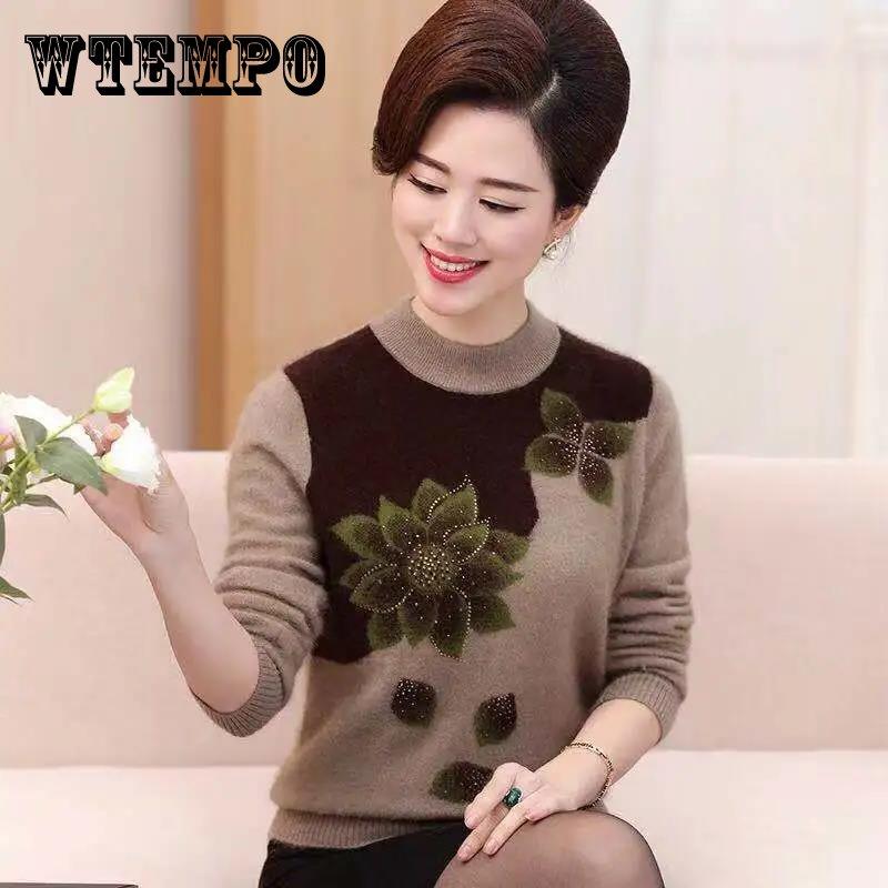 

Женский свитер из искусственного норкового флиса с круглым вырезом, пуловер с цветочным принтом и бриллиантами, свободный повседневный вязаный свитер больших размеров