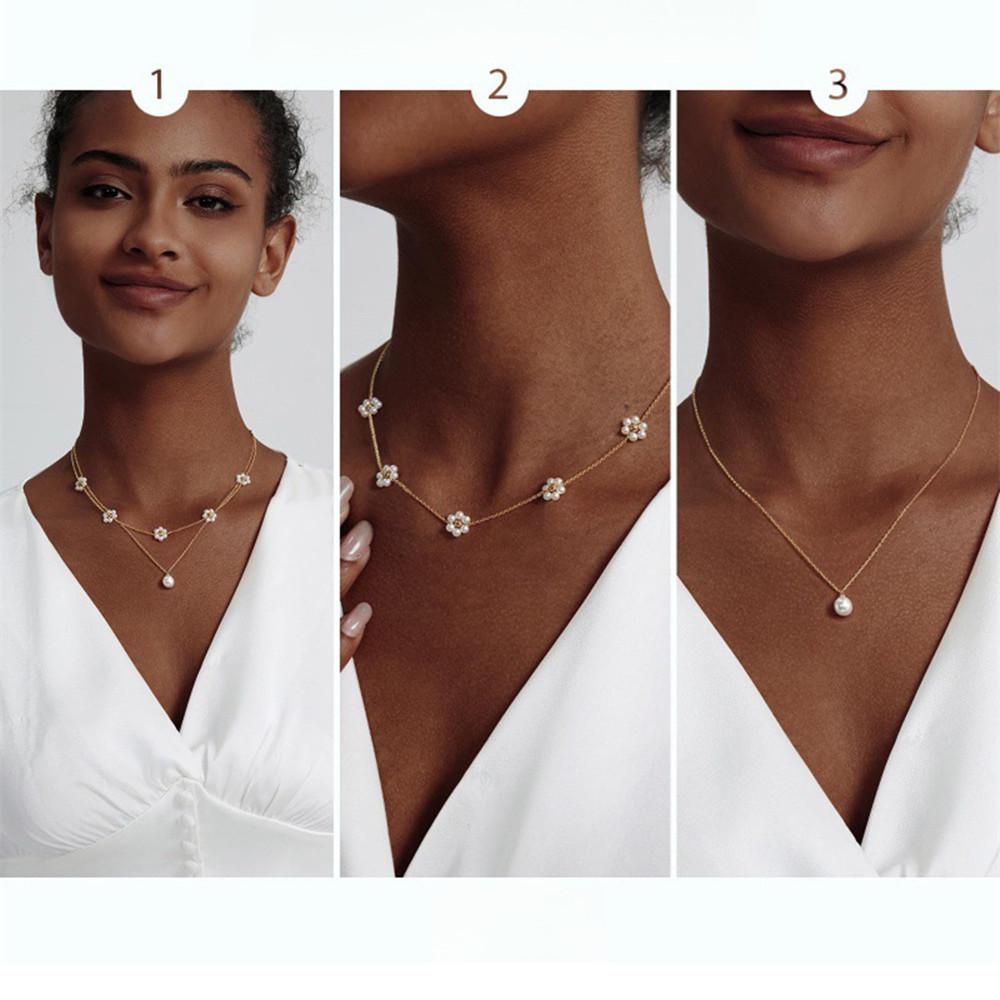 14K Gold-Plated Daisy Pendant Faux Pearl Double Layer Necklace for Women
