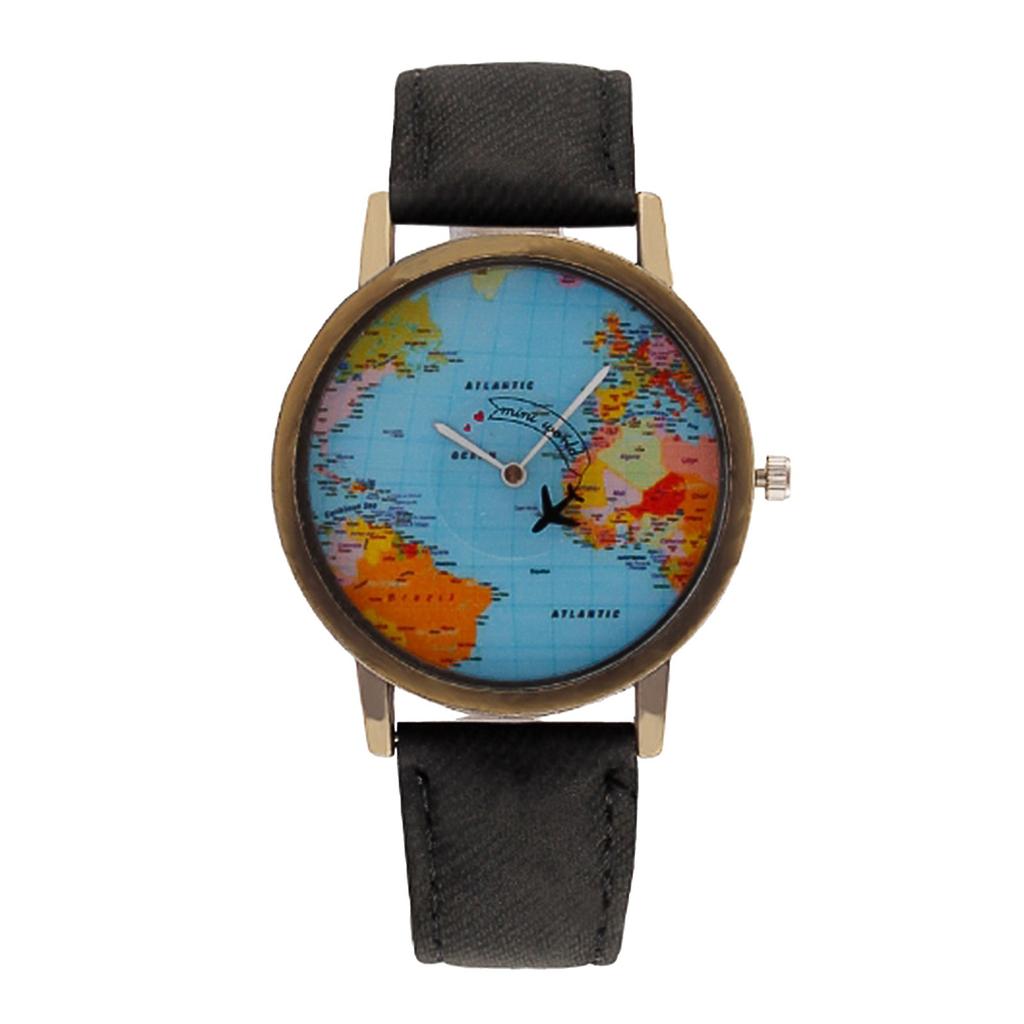 Fashion Retro Belt Quartz Watch Airplane Second Hand Map Watch Unisex